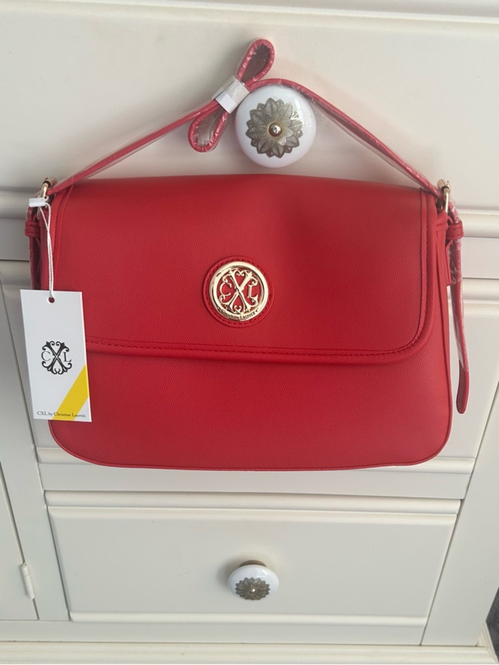 NWT CXL by Christian Lacroix Red Caviar Shoulder Bag with Gold Hardware
